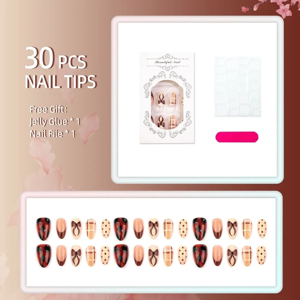 30pcs/Box Finished Detachable Press On Nails Green French Style Almond Fake Nails Short Length Polka dot False Nails Women/Girls