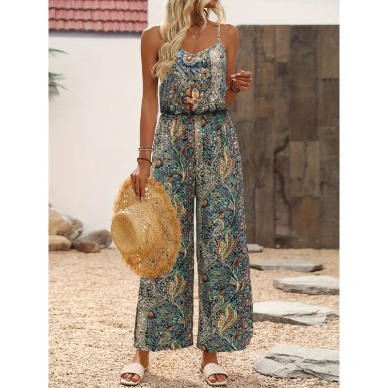 

Новый популярный летний женский комбинезон без рукавов в богемном стиле с лямкой на шее, элегантный комбинезон с высокой талией, стиль для пляжного отдыха