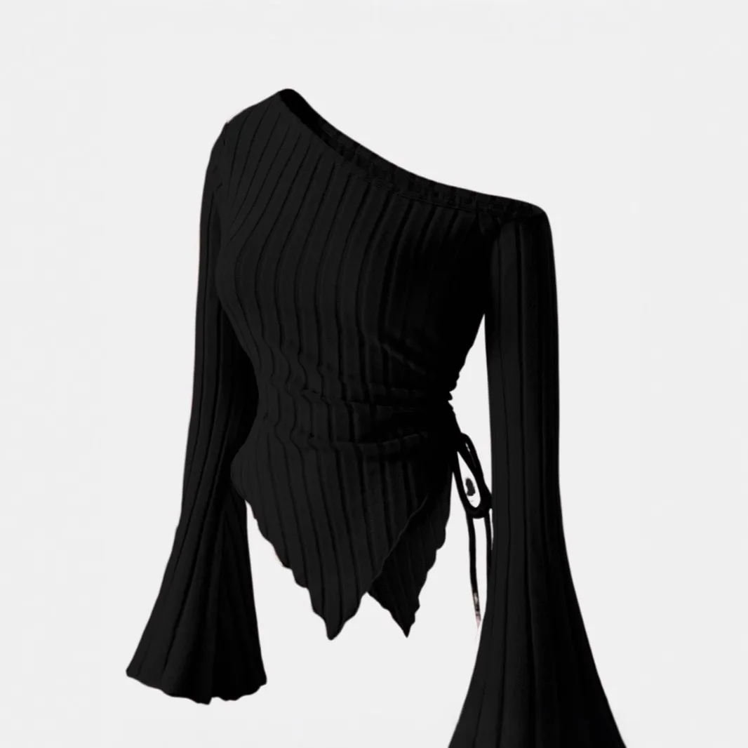 Women's Trendy One-Shoulder Blouse Vertical Ribbed Knit Fabric Flared Sleeve Drawstring Waist Asymmetrical Hem Baddie Casual Top
