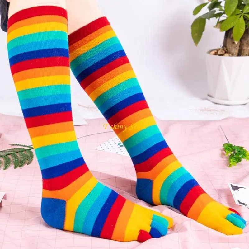 N58F Women Girls Split Toe 5 Finger Calf Socks Rainbow Colorful Striped Clover Printed Breathable Cotton Stretchy Student High