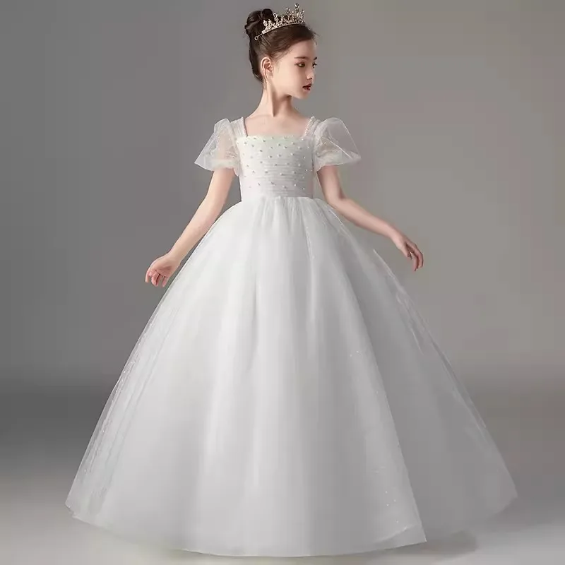 White First Communion Dress for Girls Tutu Princess Beads Dresses Flower Girls Wedding Dress Puffy Sleeve Kids Formal Evening