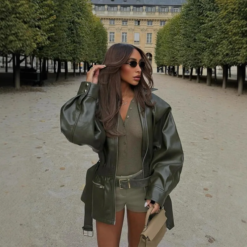 Damen Herbst-Winter Oberteile Mäntel Jacken Kunstlederjacken mit Reverskragen Gürtel Taillierte Passform Neuheiten Einzigartiger Stil Schick Trendy