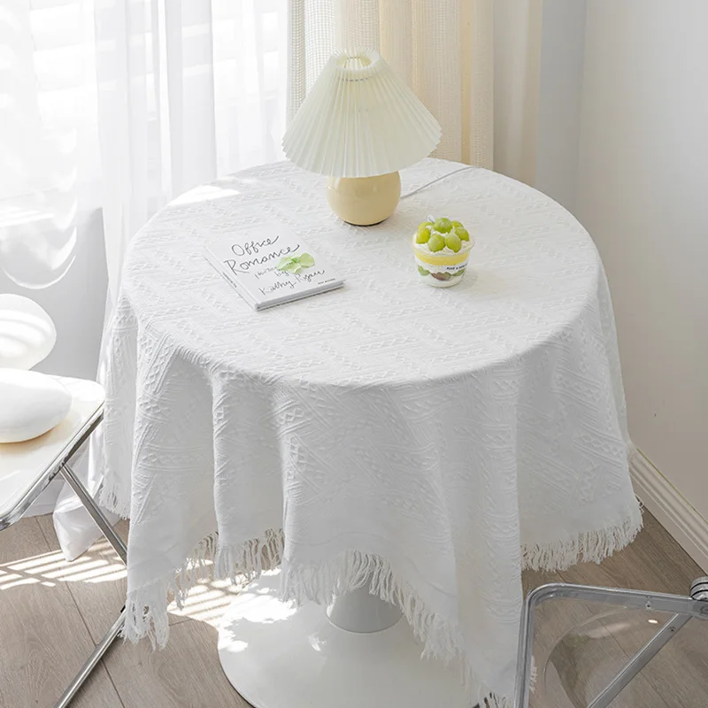 High-End T-Shaped Solid Tablecloth for Dining Soft Rectangular Table Decor with Tassels Easy-Care Dustproof Furniture Protector