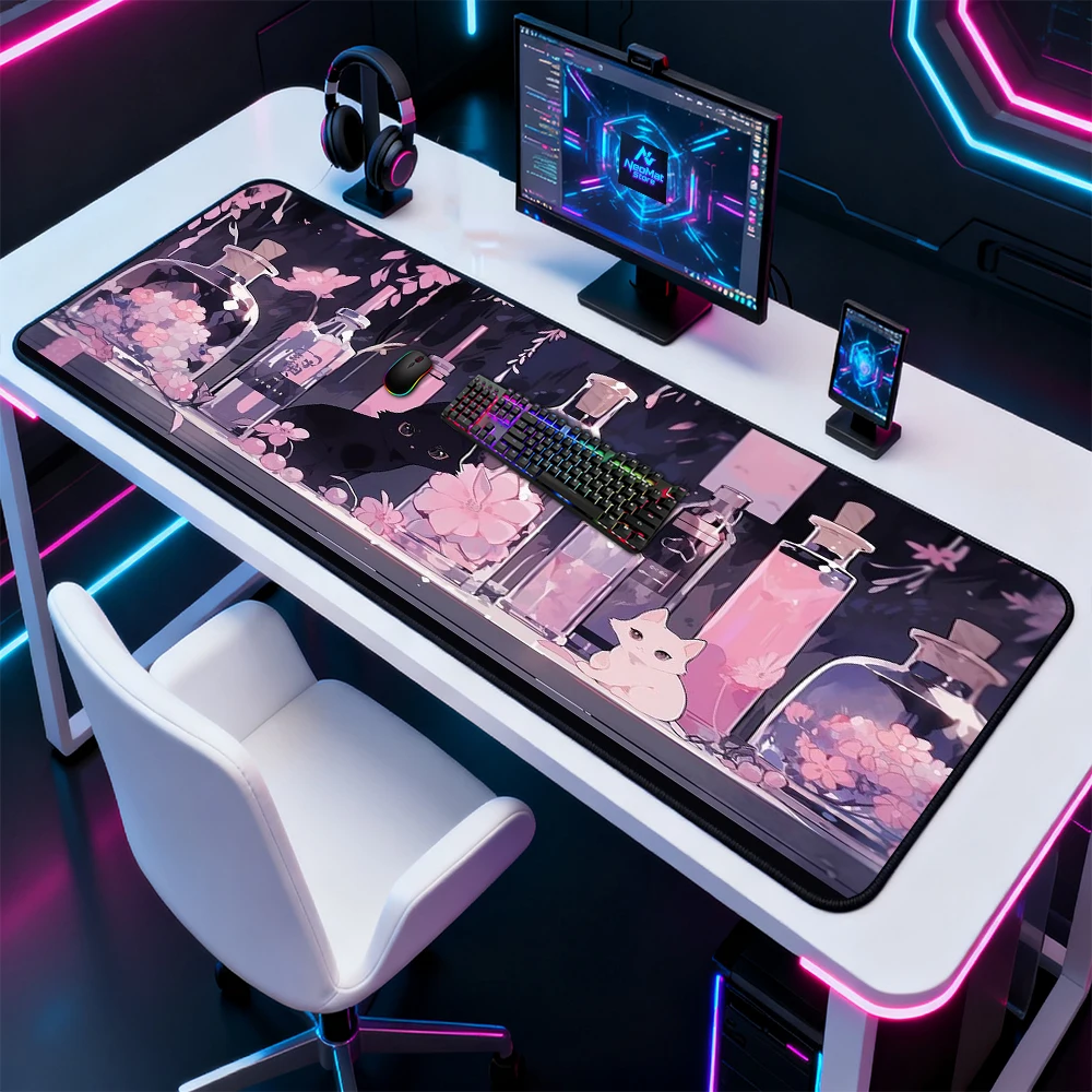 Japanese Floral Desk Mat Big Gaming XXL Blossom Cherry Cute Kawaii Pink Black Sakura Mousepad Cat Accessories 1200x600