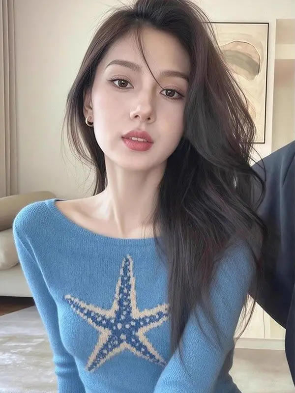 

Синий вязаный свитер с принтом Starfi, женский, весенний, модный, в корейском стиле, с длинными рукавами, для ношения под одеждой, повседневный топ