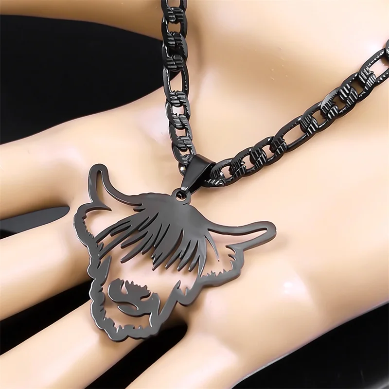 Stainless Steel Animal Cow Cattle Head Pendant Necklace for Men Women Black Color Bull Calf Chain Necklaces Jewelry Gift NZZZ511