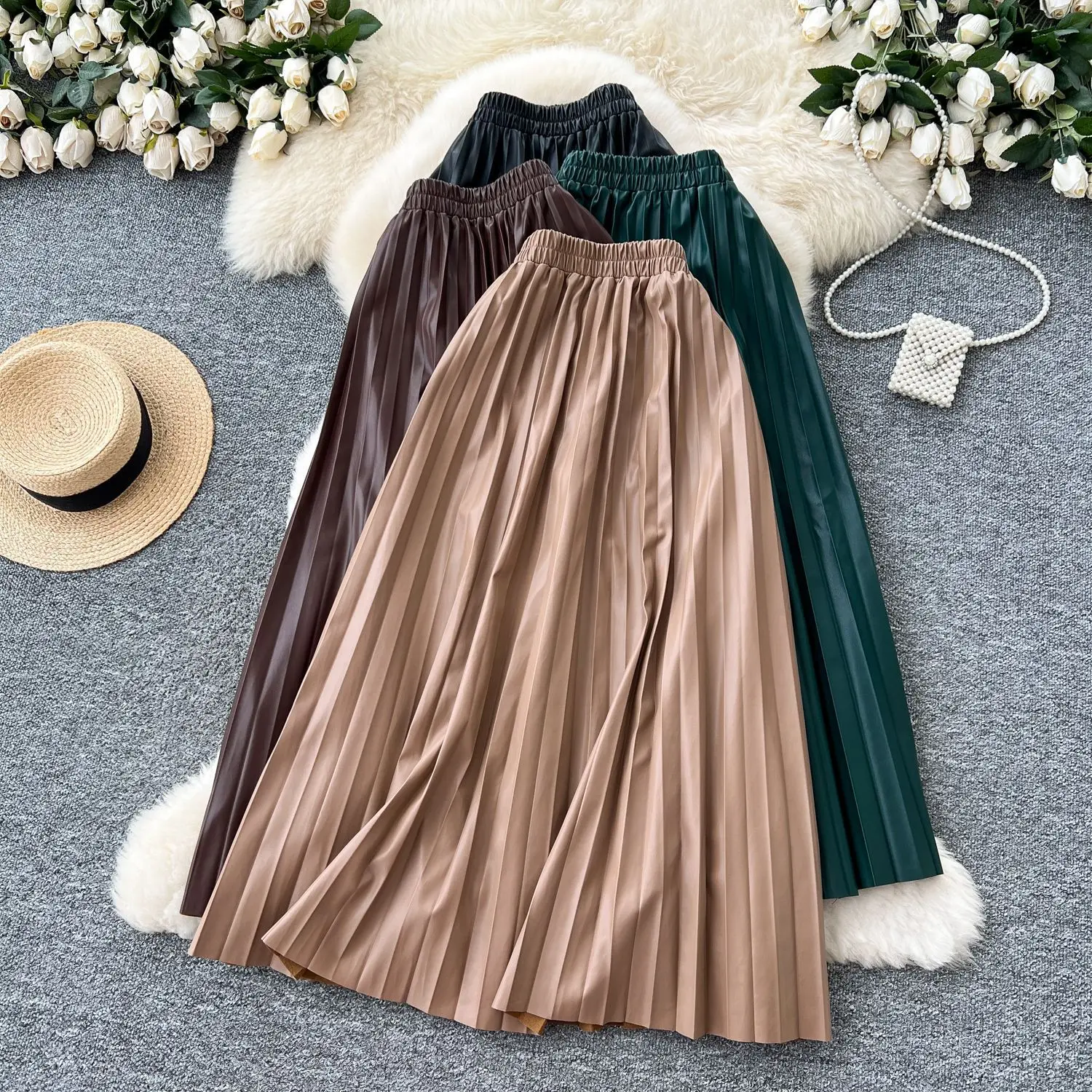 

Skirts Women Mid Length Skirt A Line Slim Fit Elastic Waist Pleated Elegant Splice Y2k Streetwear Work 2025 Autumn Winter