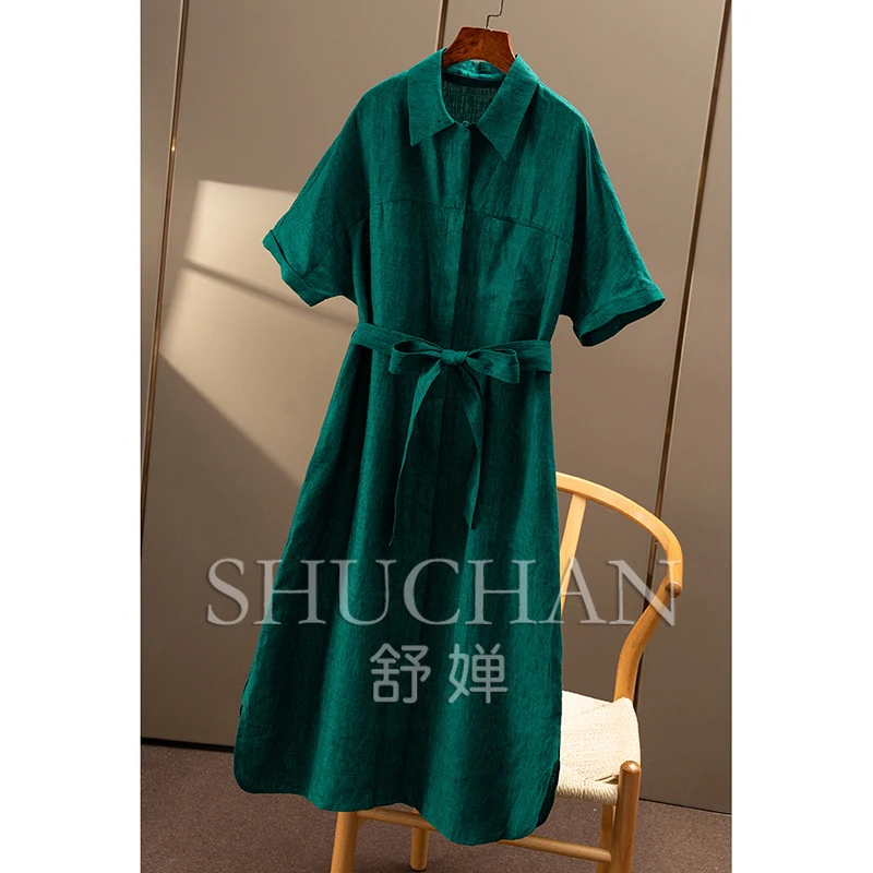 Verde, Francese 100% lino Vita Camicia a maniche corte Abito Donna 49C7 Abiti De Mujer Elegantes Para Fiesta 2025
