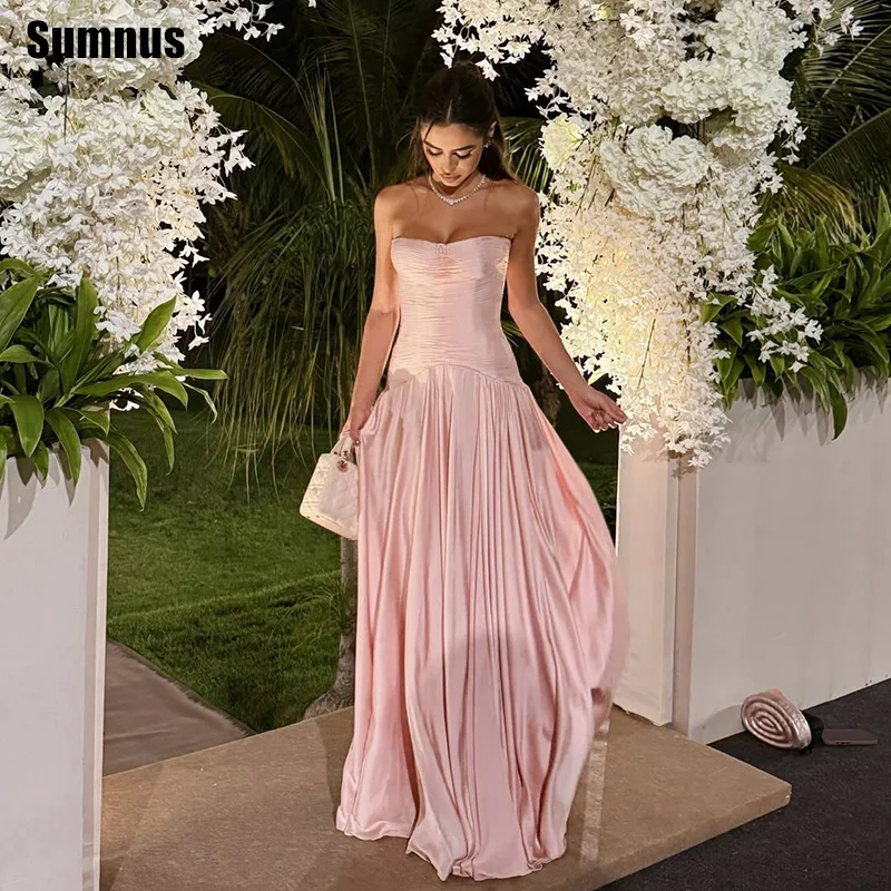 Sumnus Simple A-Line Pink Prom Dresses Strapless Pleats Draped Floor Length Evening Dresses Formal Satin Gala Dress Customized