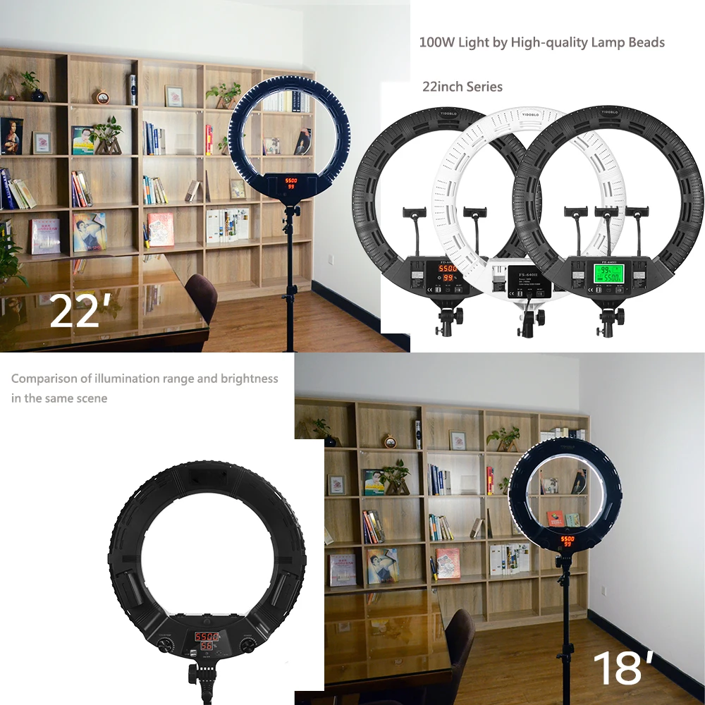 Yidoblo แหวนไฟ LED มืออาชีพขนาด55ซม./22นิ้ว, โคมไฟแบบห่วง FD640สองสี100วัตต์พร้อมขาตั้งสำหรับการแต่งหน้าแบบสตรีมมิ่งและสตูดิโอ
