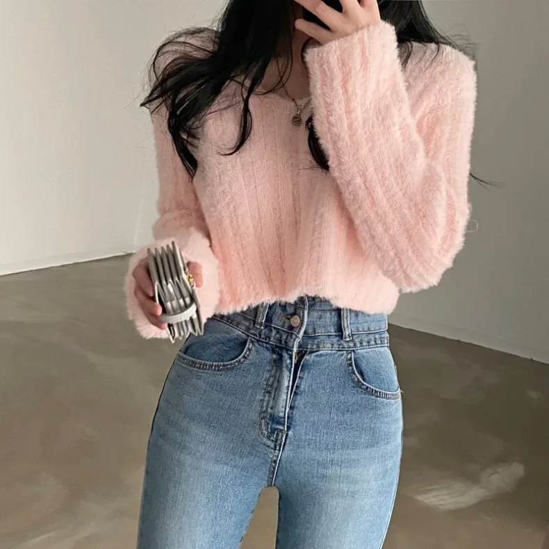 Women's New Autumn and Winter Fashion Loose and Lazy V-neck Pullover Short Sweater, Gentle Wind Mohair Sweater Pullover Y2k