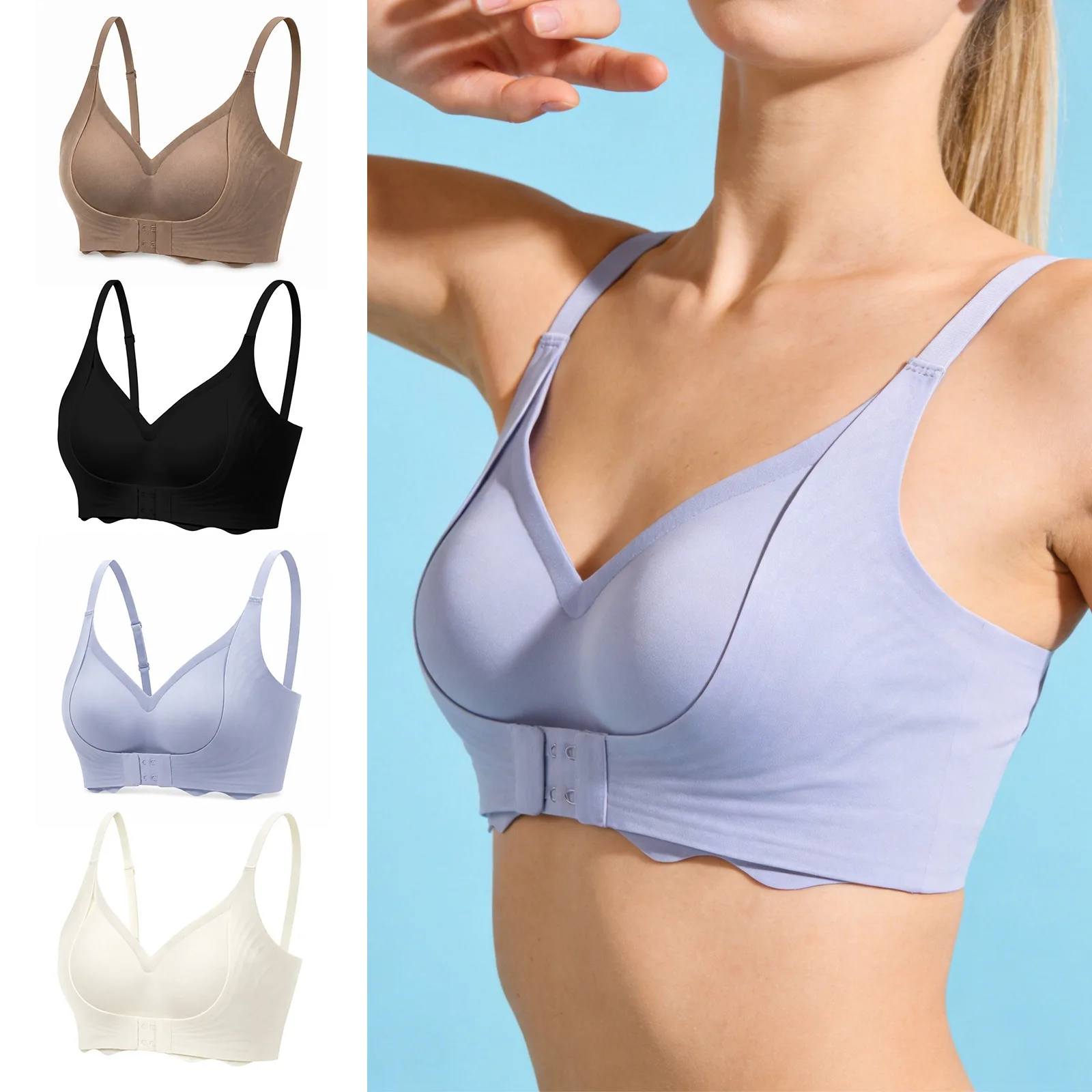 Women's Front-fastening Bra Wavy Hem Full Coverage Push-up Bra Skin-friendly Breathable Comfortable Seamless Wire-free Sexy Bra