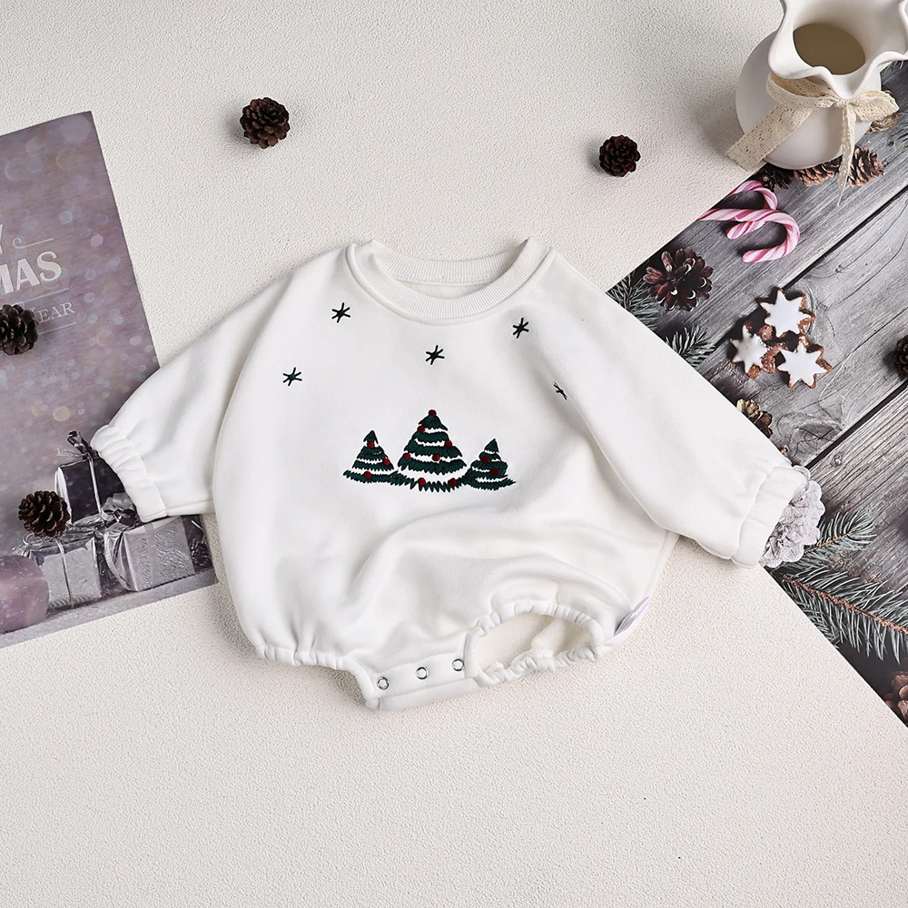 MILANCEL Christams Clothes Fur Lining Infant Boys Bodysuits Christmas Tree Embroidery Toddler One Piece With Hat