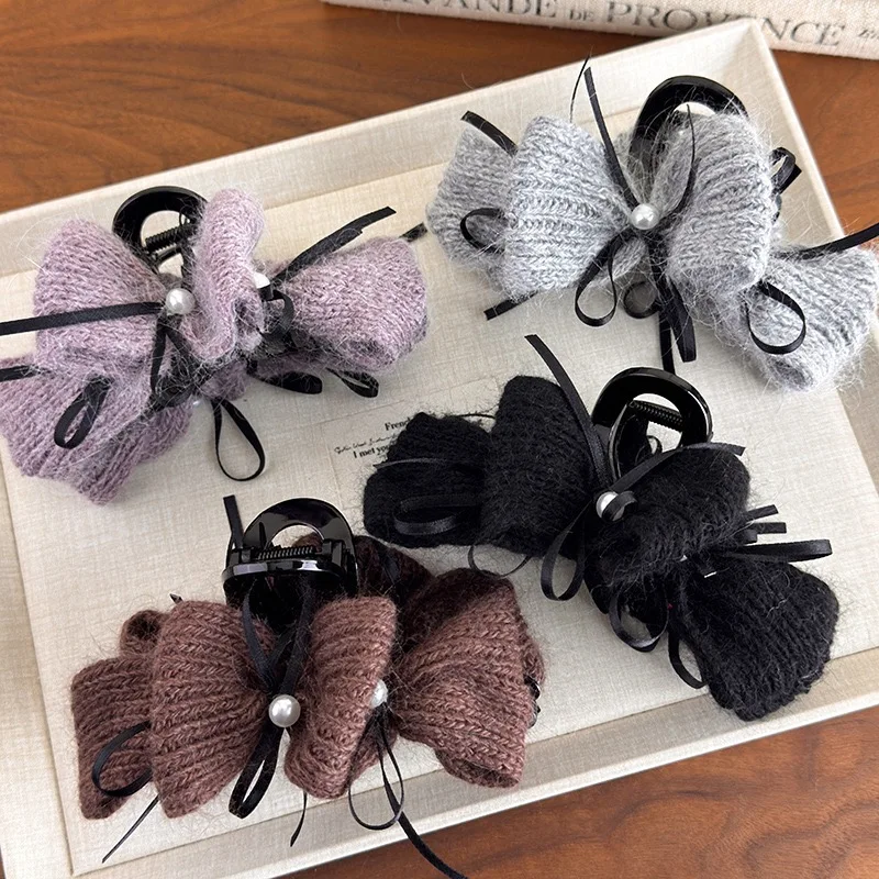 1pc Autumn/winter Korean-style yarn pearl ribbon bow hair claw, new high-end exquisite bun shark clip hair accessory