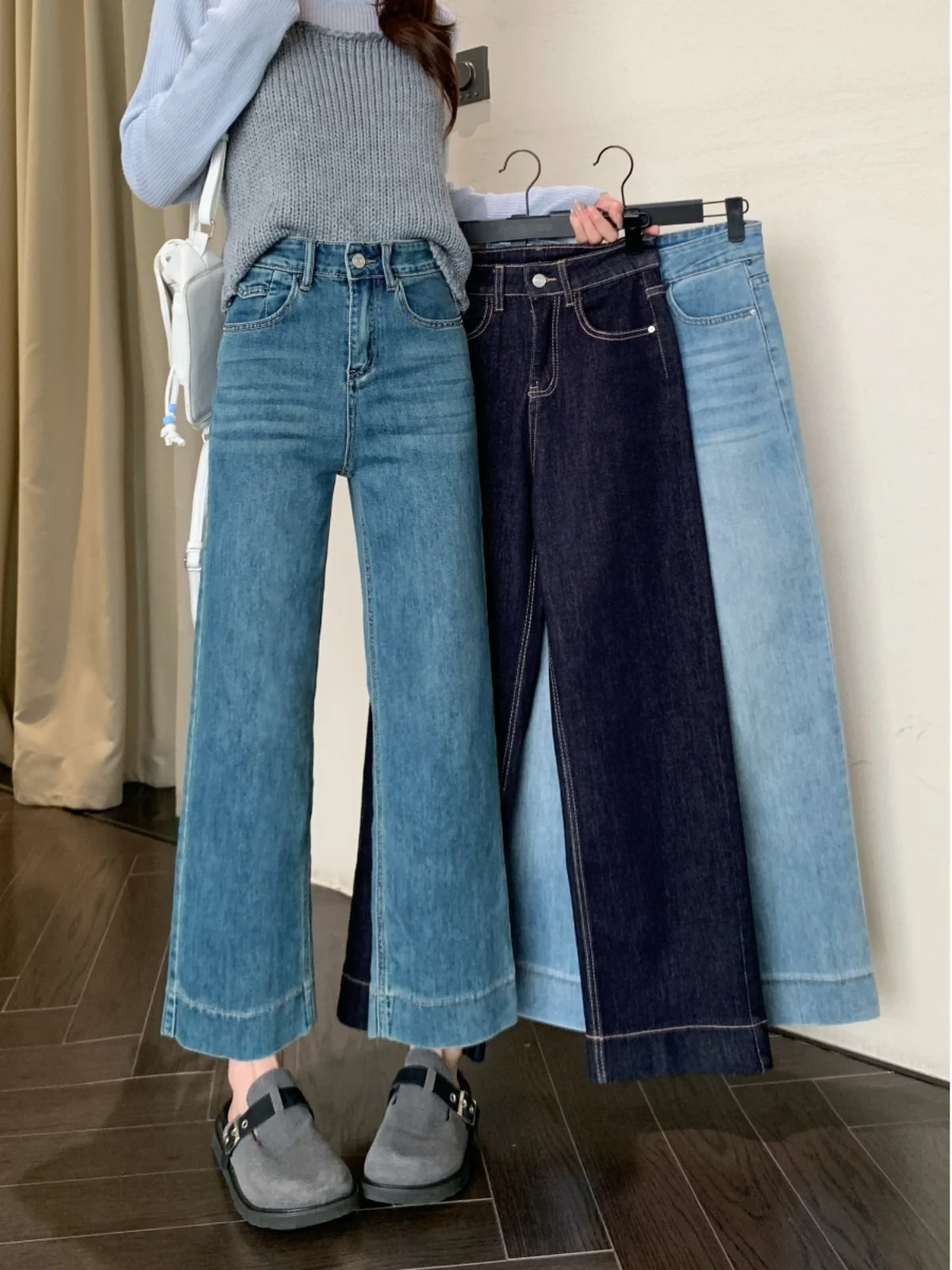 

Женские джинсы с высокой талией, эластичные, прямого кроя, утягивающие, синие, укороченные, стильные, универсальные, новинка весны