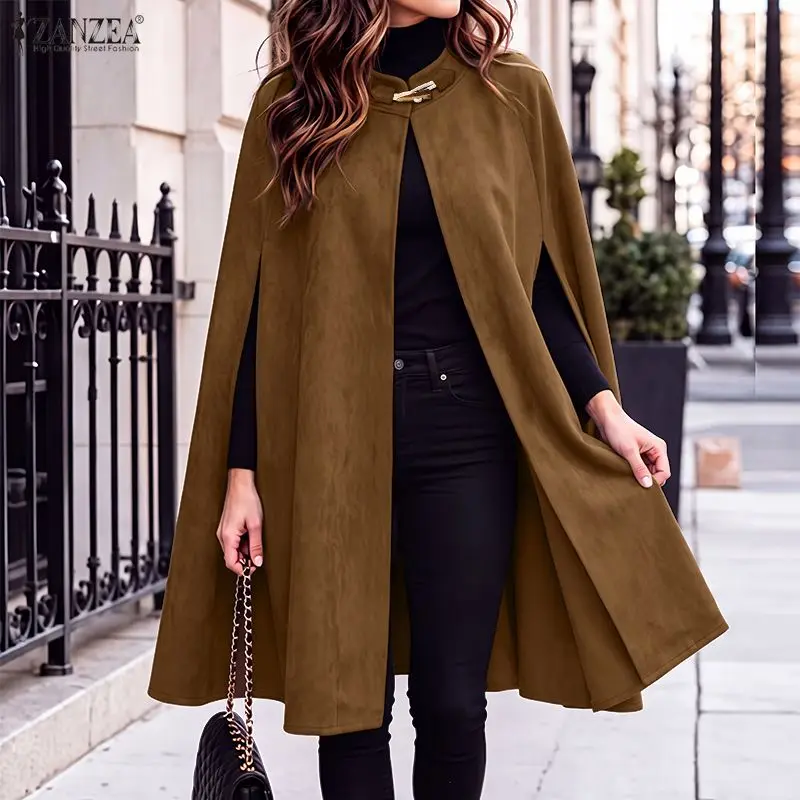 ZANZEA Women Cape Thin Coat Poncho Cloaks A-Line Outerwear Round Neck Slit Sleeve Autumn Tops Blusas Thin Jackets Oversized
