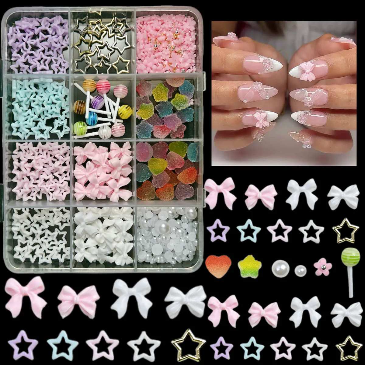 1箱入り スイートリボンボウ ミニ五弁花 レジンネイルアートデコレーション 3Dシミュレーションキャンディー ホロースターネイルチャーム DIYネイル