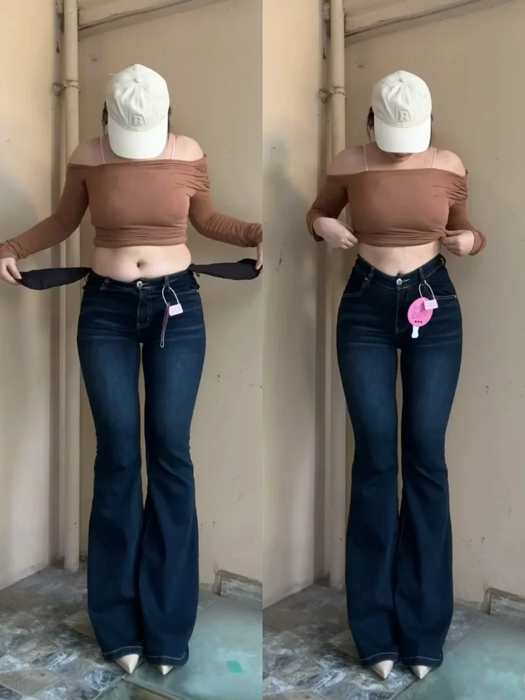 Retro V-Shaped Waist Flared Jeans Women's Slimming Sexy Hip Enhancing Pants Casual High Waist Long Leg Zipper Style Spring 2025