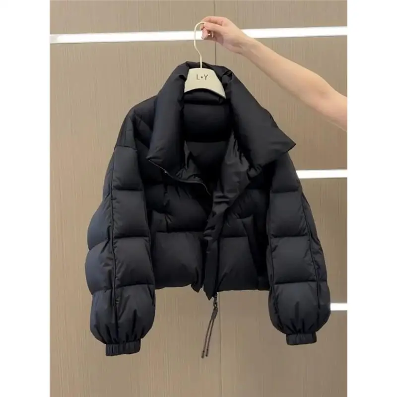Women's Short Thickened Winter Cotton Jacket Black Bread Style Outerwear Casual Versatile Cold Proof High Collar Zipper Closure