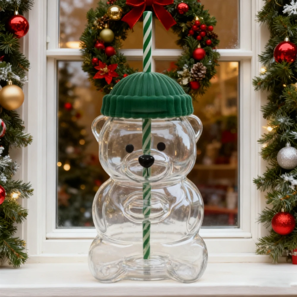 

2025 милый маленький медвежонок, стеклянная чашка, кофейный напиток, вино, коктейль, соломенная чашка, рождественские милые наклейки, подарок на Рождество и день рождения для детей