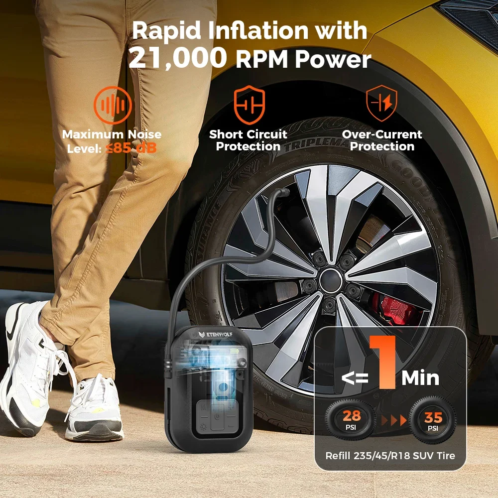 ETENWOLF X5 PRO 2-in-1 ضاغط هواء محمول ومبتدئ الانتقال، بطارية 6000 مللي أمبير في الساعة، 160 رطل لكل بوصة مربعة، 4 أوضاع محددة مسبقًا للسيارة/الشاحنة/الدراجة/الكرة #3