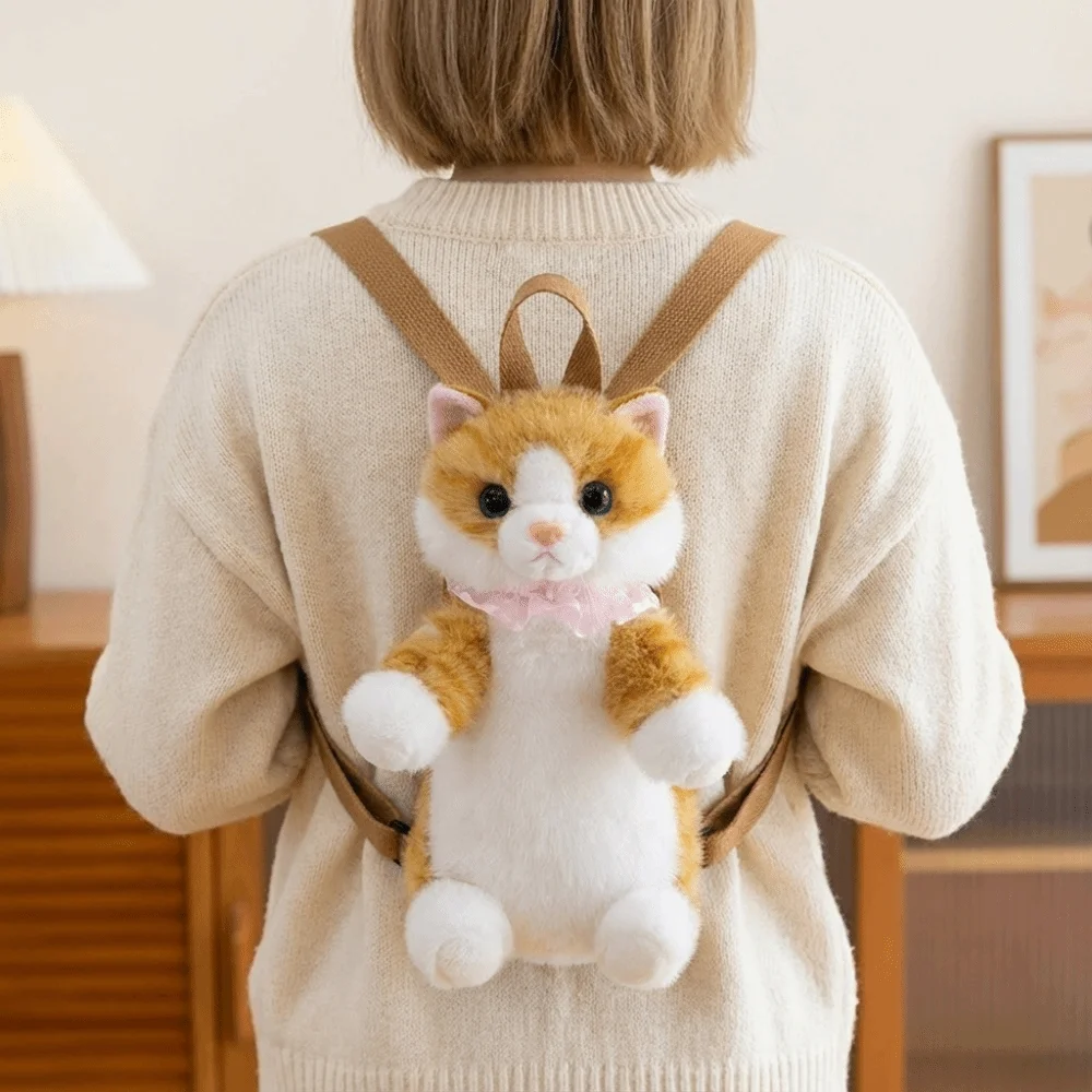 Cute Soft Realistic Cat Backpack Kawaii Fluffy Simulated Puppet Daypack Anime Cartoon Stuffed Animals School Bag Travel Storage