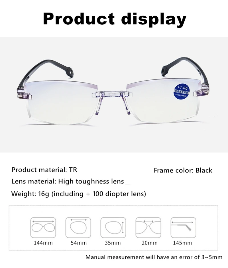 5-teilige rahmenlose, multifokussichere bifokale Lesebrille, Unisex, weit und nah, Anti-Blaulicht-Hyperopie-Brille mit doppeltem Verwendungszweck – Detail 8