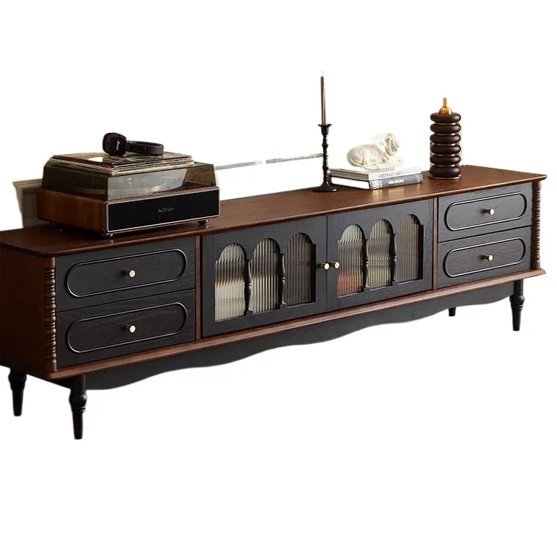 

French retro solid wood TV cabinet coffee table combination small apartment living room home retro style floor storage locker