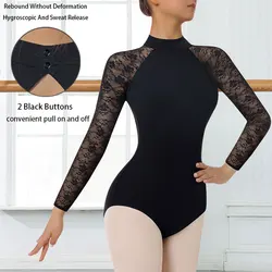 Leotardo de Ballet de baile de manga larga con cuello alto de temperamento negro para mujer, encaje duradero, ropa de Ballet con espalda hueca en gota de agua