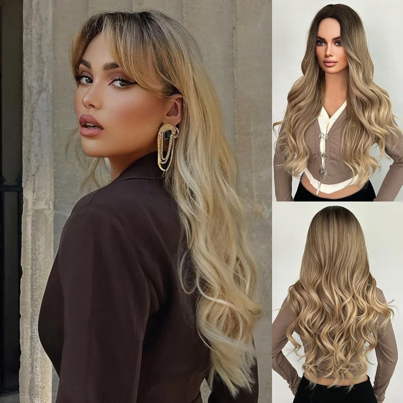 

Золотой парик с градиентом, женская прямая челка на всю голову, большая волна, синтетические длинные вьющиеся волосы, производитель