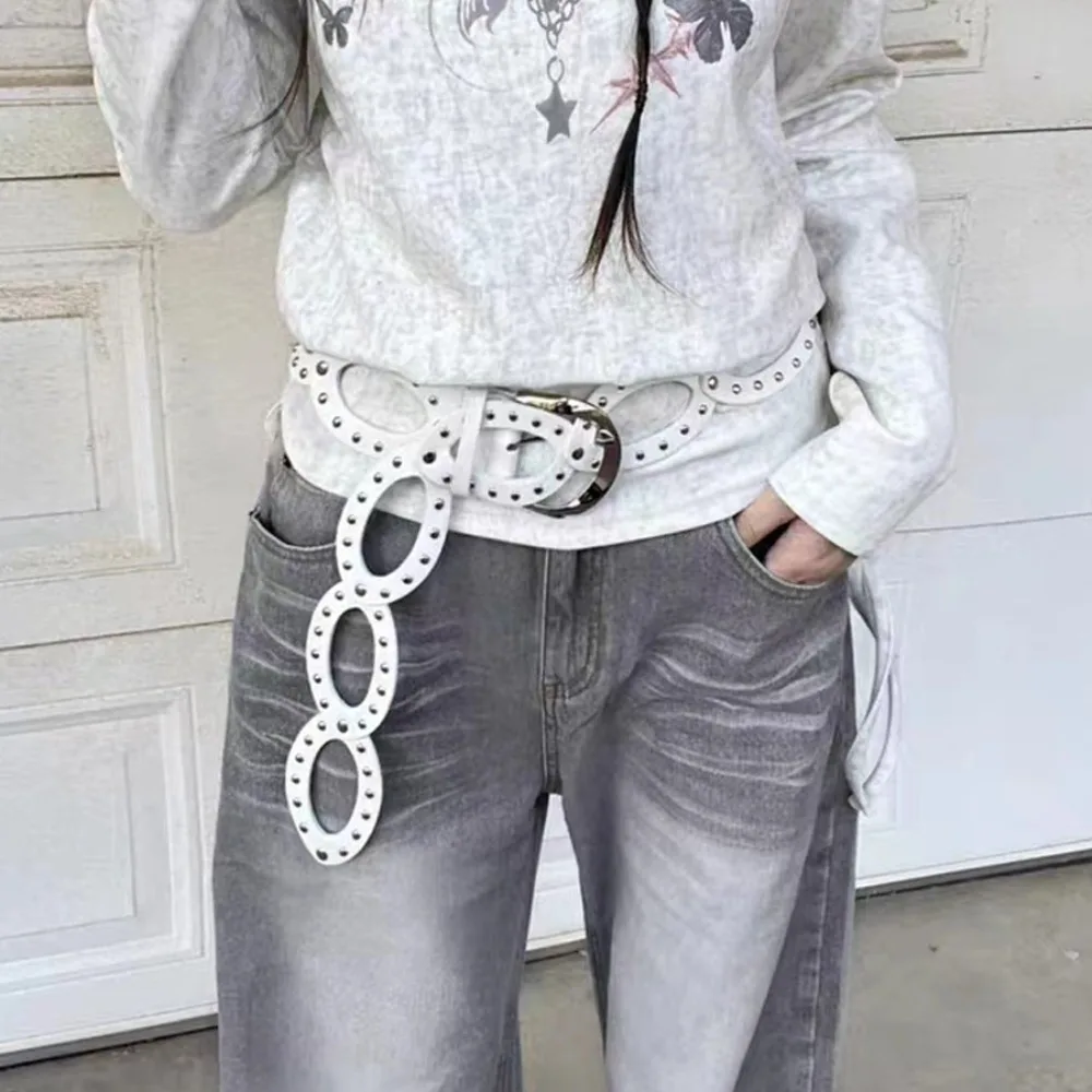 القوطية قابل للتعديل راعية البقر حزام خصر الهندسة البيضاوي واسعة الجانب بولي Leather أحزمة جلدية Y2k الكورية نمط برشام حزام خصر يوميا #2