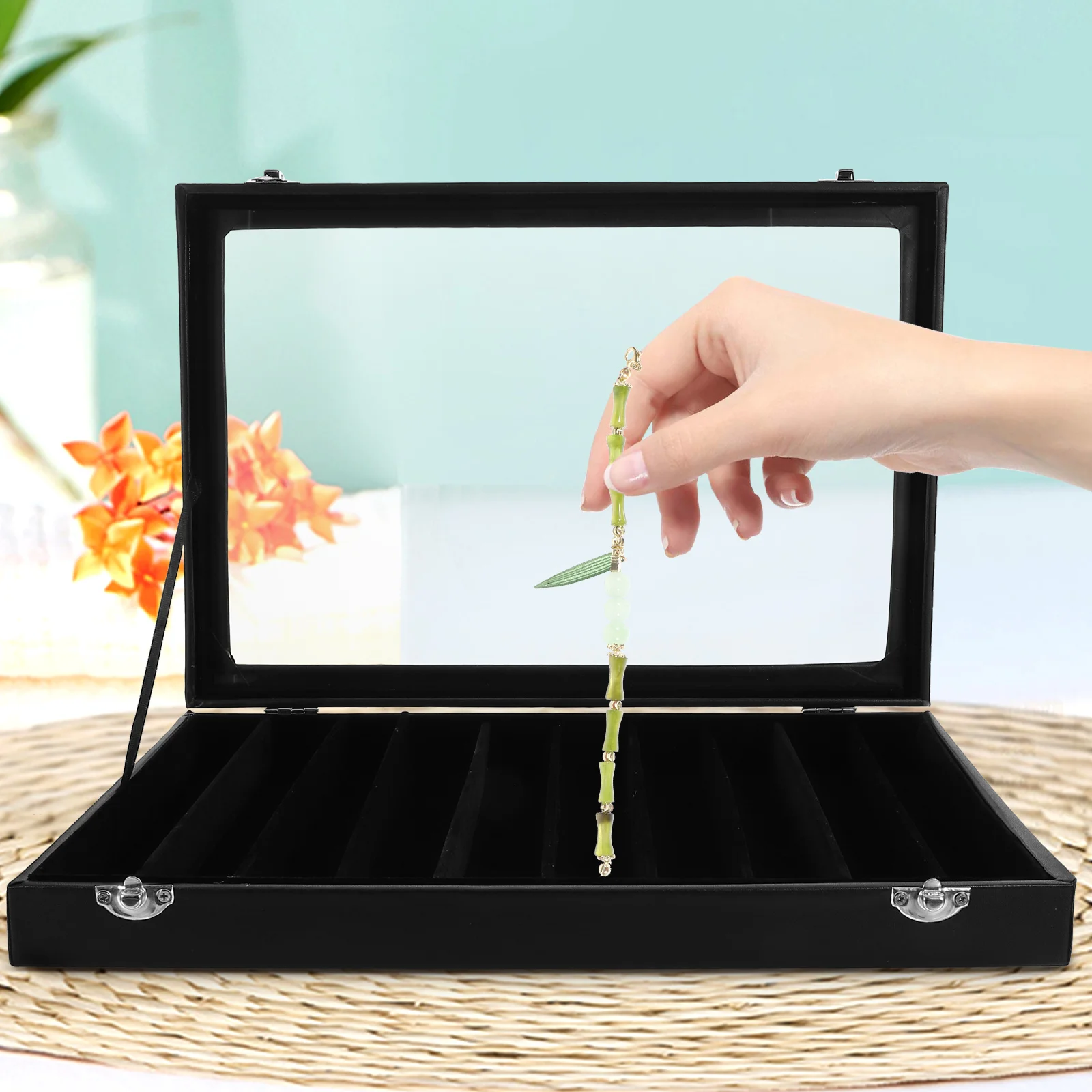 

Portable 10 Grid Jewelry Necklace Pearl Chain Storage Display Box Black Travel Case Lightweight ganizer