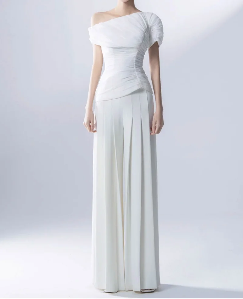 

Customized One-Shoulder Women's 2 Pcs Set Pleated Skew Collar Short Sleeve Asymmetry Top Loose Solid Color Pants