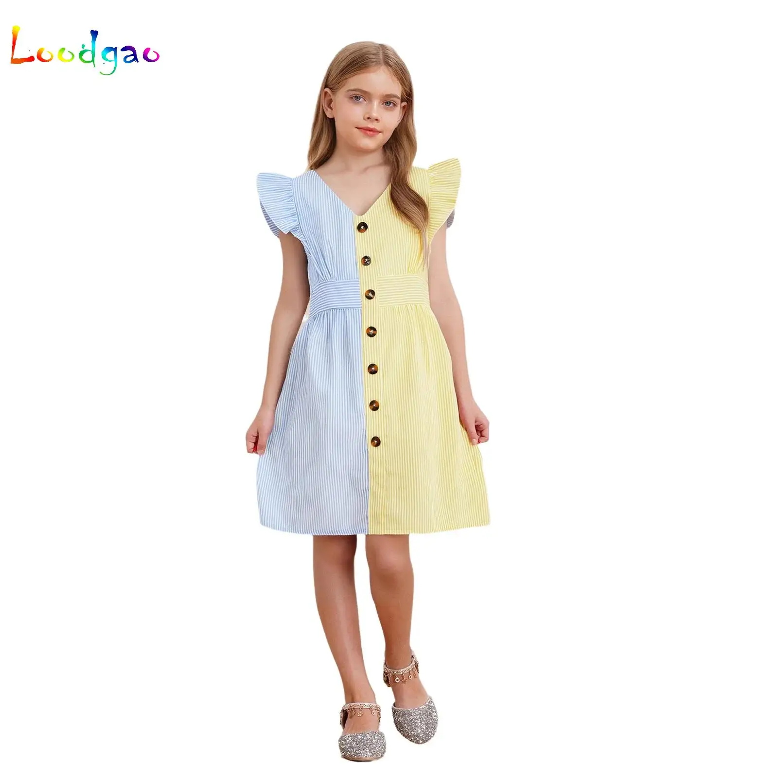 

Kids Girls Summer Dress V-Neck Ruffle Sleeves Decorative Buttons Striped Dress for Birthday Party Wedding Holiday Travel Beach