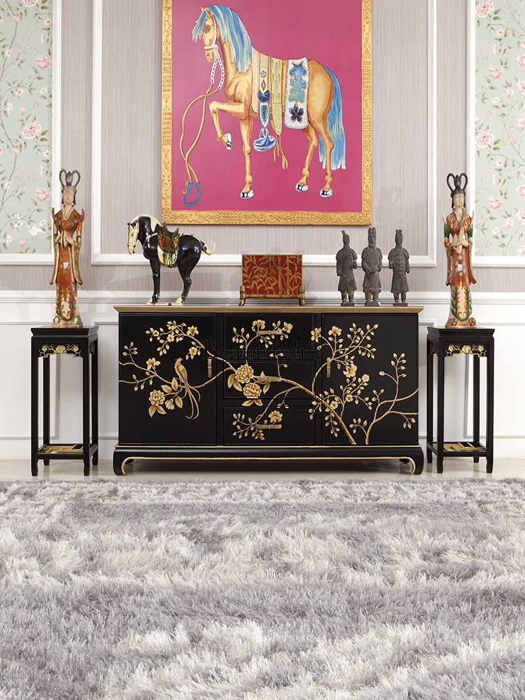 

French Retro Chinese Style Black Gold Painted Hallway Furniture Villa Living Room Solid Wood Sideboard