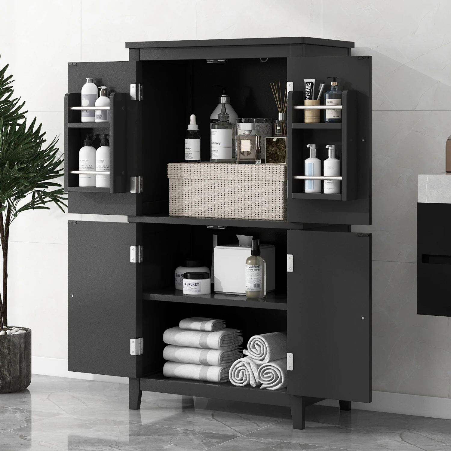 

Elegant Bathroom Floor Storage Cabinet, Bathroom Storage Unit, Freestanding Cabinet with 4 Doors, Adjustable Shelves, Adaptable