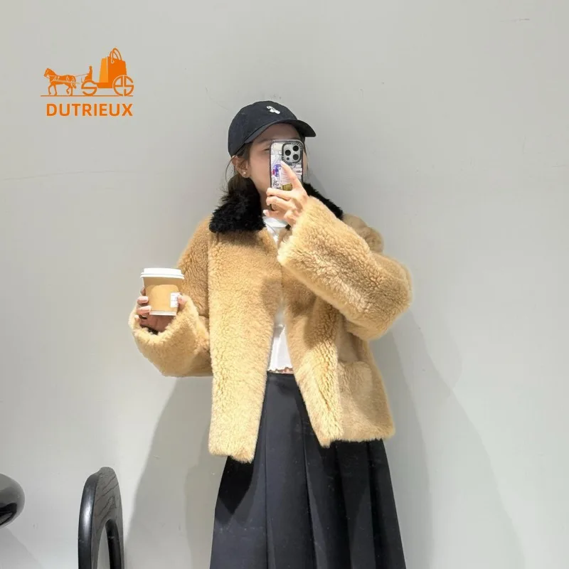 24 Winter New Fur Coat for Women, Short Silhouette Contrast Color Lapel Double Layer Fabric Warm Jacket Coat for Women To Work