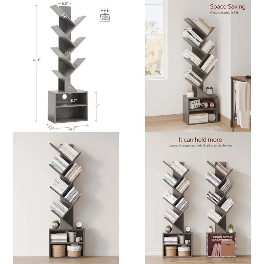

6 Tier Tree Bookshelf, Tall Bookcase with Storage Cabinet, Modern Narrow Bookshelves Organizer, Floor Standing Book Shelf for B