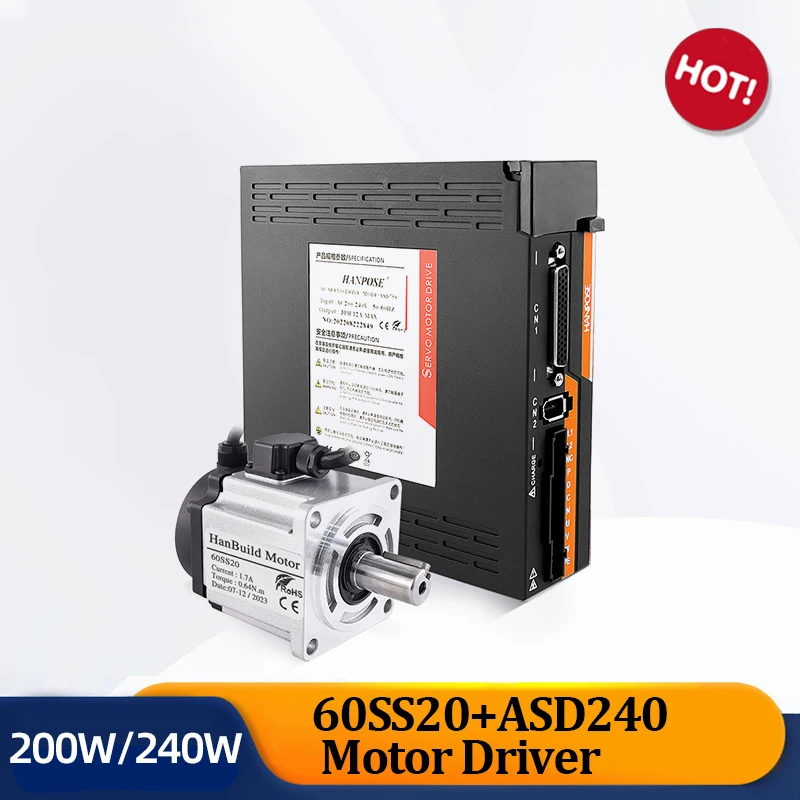 200W ac Servo Motor drive Kit 1.5A 0.64N.m 60SS20 And ASD240 Servo Drive +3M Encoder Cable For Servo Woodworking CNC Router