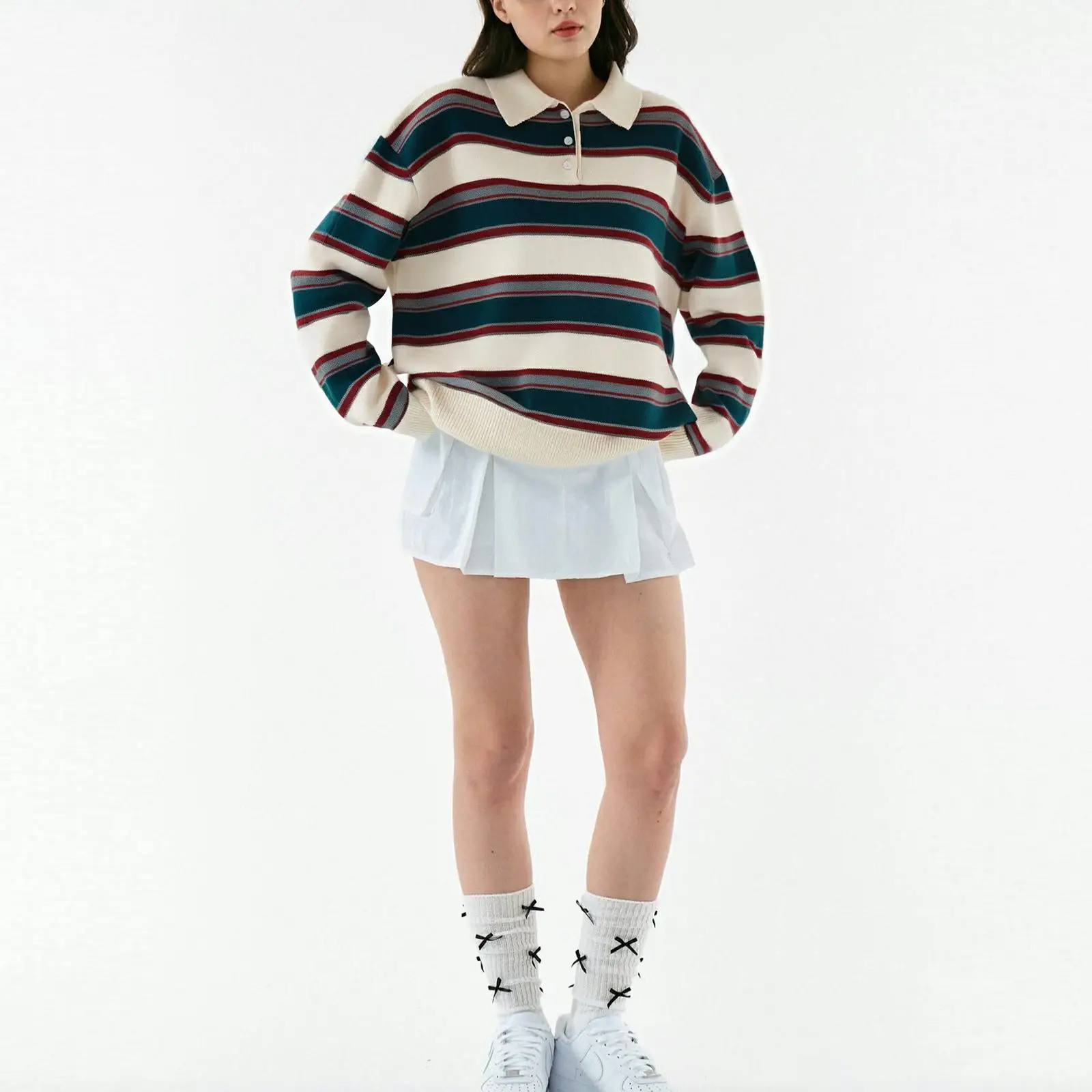 

Combhasaki Women Striped Rugby Knitwear Pullovers Y2K Oversized Pol0 Sweatshirt Preppy Collared Knit Jumpers 80s Vintage Sweater