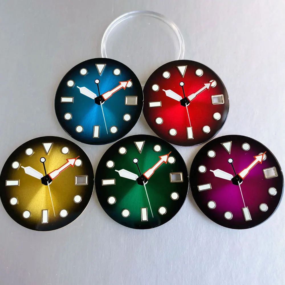 

Nologo 29mm Red/Green/Blue/Purple/Golden Gradient Sunburst Watch Dial Hands Green Luminous Fit NH35 NH36 ETA2824 Miyota DG2813