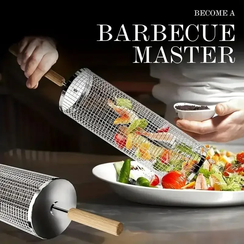 Round Barbecue Grill Basket Set, Stainless Steel Rolling BBQ Cage, Wire Mesh Cylinder Grilling Rack, Outdoor Camping Essential - view 6