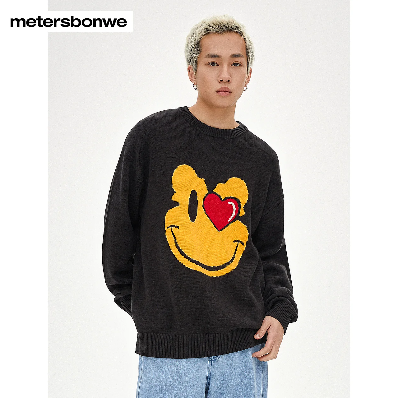 Metersbonwe Sweater Men  Spring Autumn Smiling Face Cartoon Jacquard Comfortable Couple Round Neck Sweater Brand Top