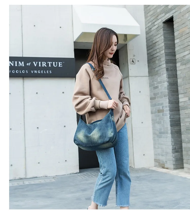 Casual Denim Women Crossbody Bag Double zipper female Shoulder Bag Quality canvas Ladies handbags Travel bags blue bolsa