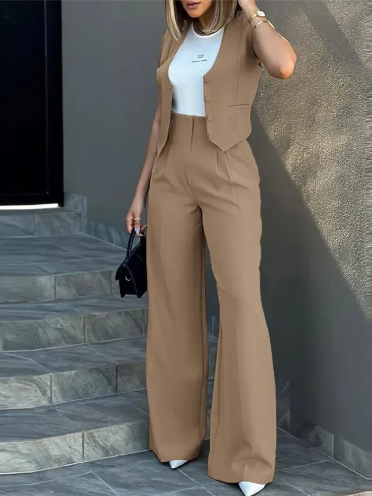 

Stylish Women Commuting Vest Tops High Waist Wide Leg Pants 2024 Spring Autumn V Neck Sleeveless Button Regular Work Pants Set