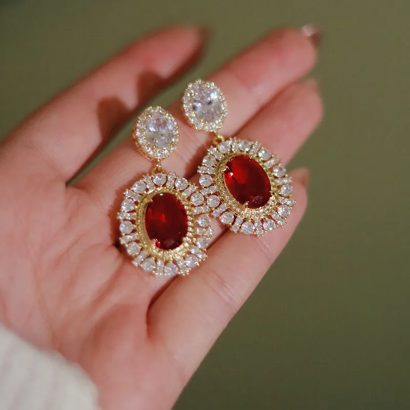 Huitan Aesthetic Gold Color Red CZ Hanging Earrings for Women Full Bling Iced Out Wedding Party Luxury Accessories Trend Jewelry