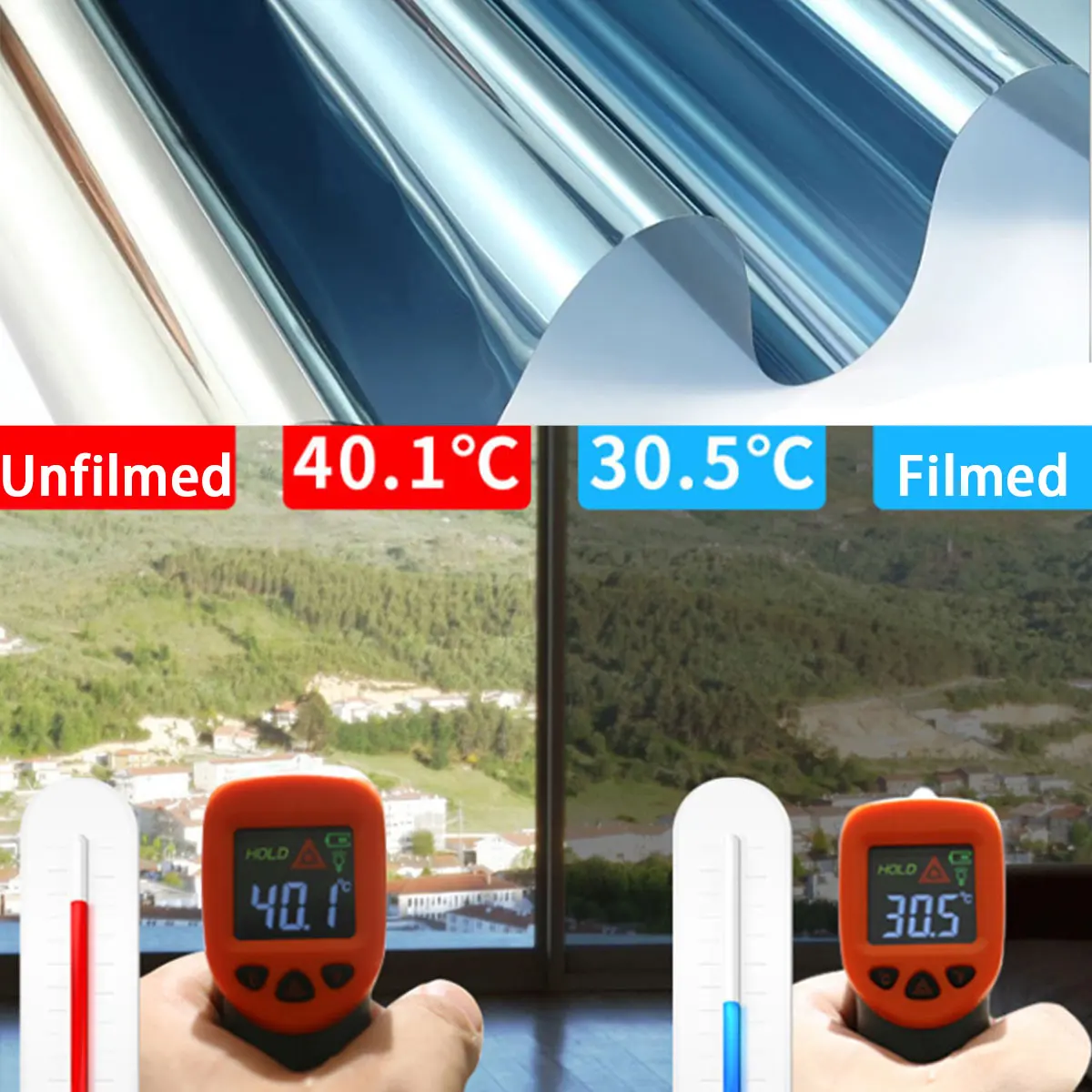 Película solar reflexiva auto-adesiva, Película para janela espelhada, Adesivo de vidro colorido, Privacy Glass, 1m