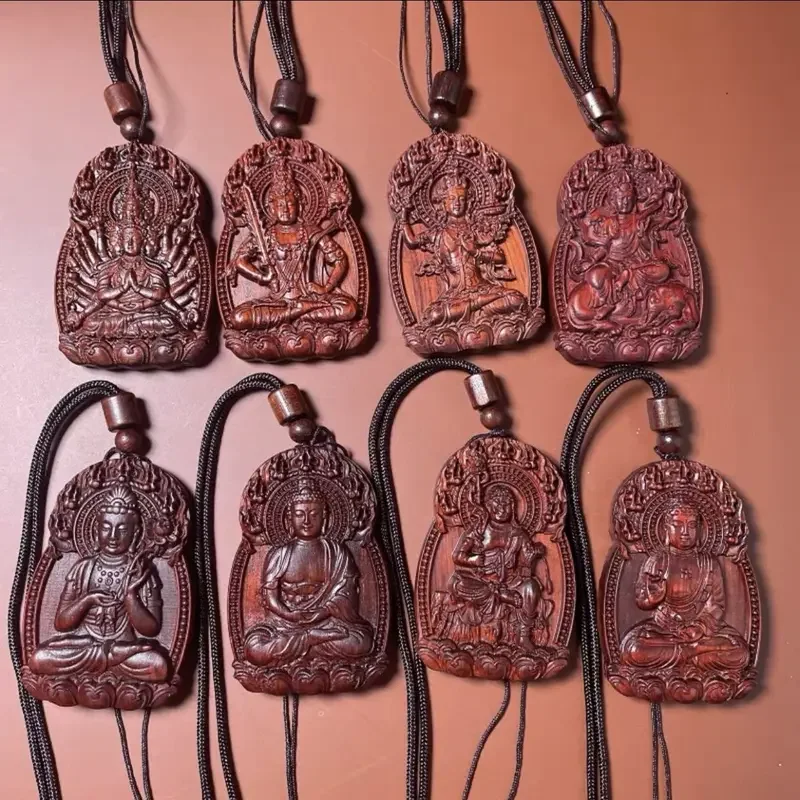 Rosewood Buddha Card High Density Pendant Lucky Zodiac Carving This Life Wood Carving Patron Saint Wooden Jewelry Peace Charms