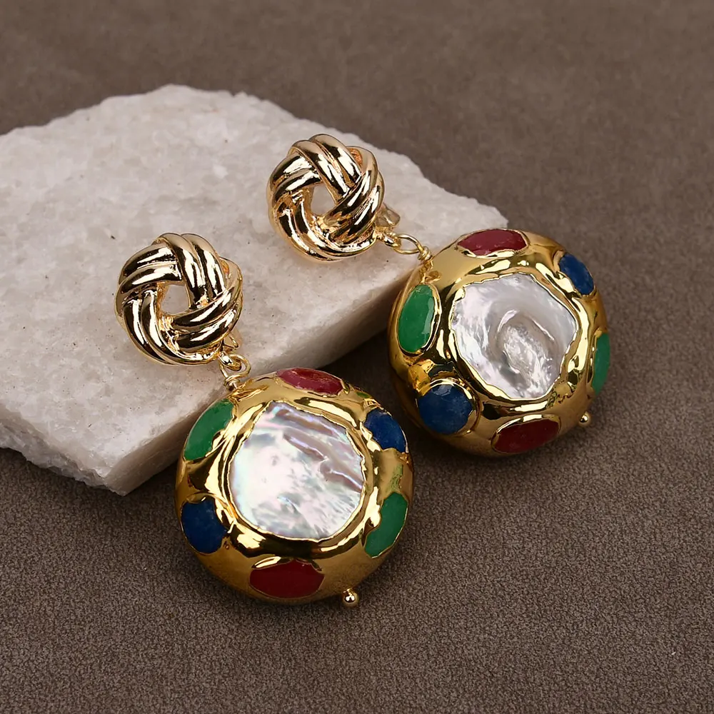 G-G Cultured White Coin Pearl Mix Color Jade Paved Gold Plated Stud Earrings