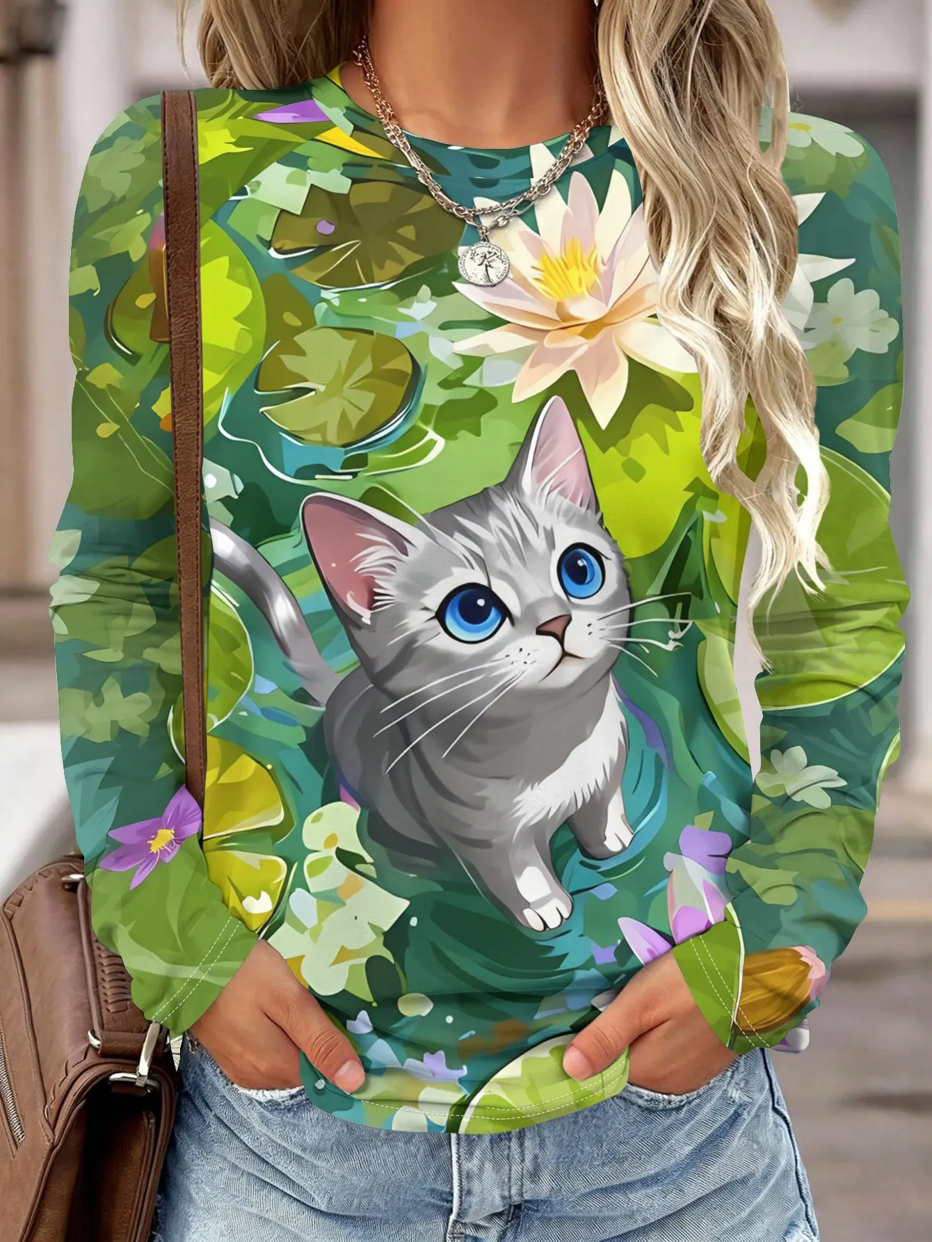 Women Long Sleeve Shirt Pocket Cat 3D Effect Print Round Neck Raglan Casual Fall Tops Women's Clothes view 3